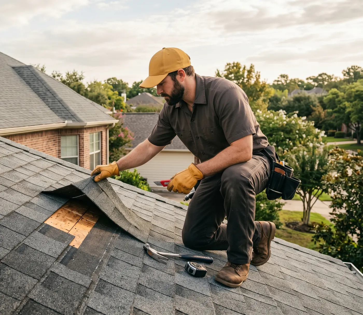 A Houston roofer kneeling on an asphalt-shingle roof, lifting a shingle to reveal the decking beneath during a roof inspection