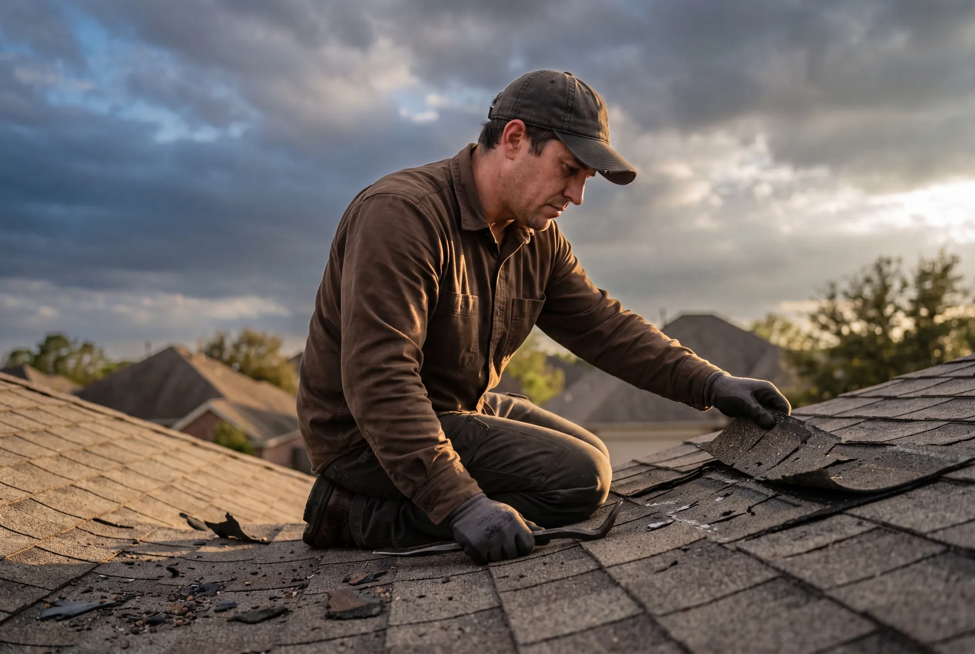A Houston roofer in work gloves inspecting hail- and wind-damaged asphalt shingles on a residential roof at golden hour after a storm